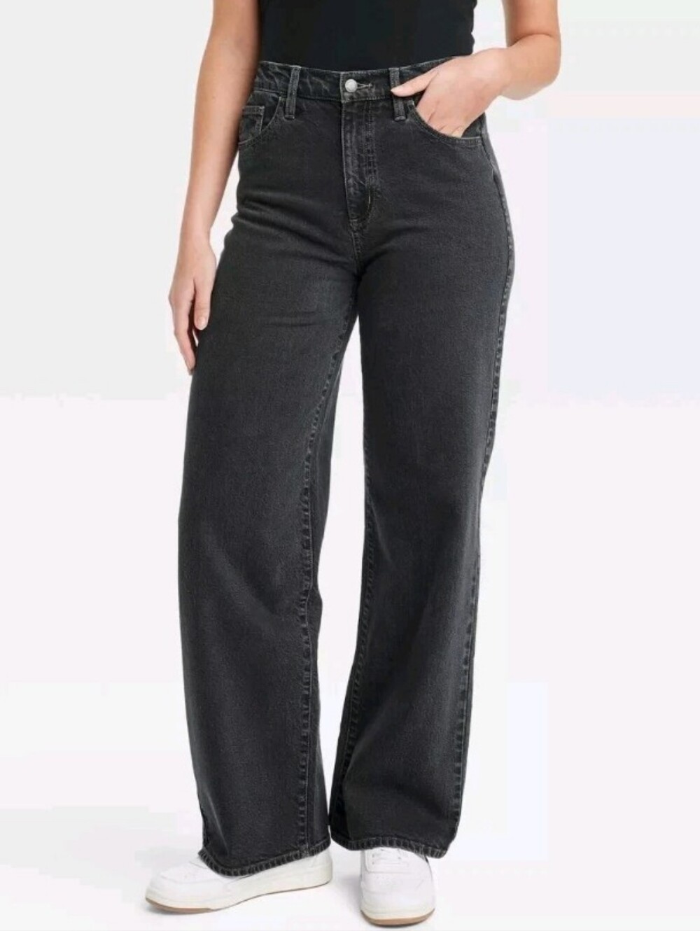 High-Rise Wide Leg Jeans Dark Wash Faded Black Womens Size 14R 90s Baggy Classic - Picture 1 of 13